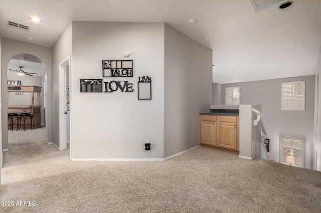 6862 W Honeysuckle Dr, Peoria, AZ 85383 - unfurnished living room with ceiling fan, carpet flooring, and baseboards
