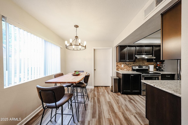 kitchen featuring tasteful backsplash, decorative light fixtures, stainless steel range with electric cooktop, and light hardwood / wood-style flooring