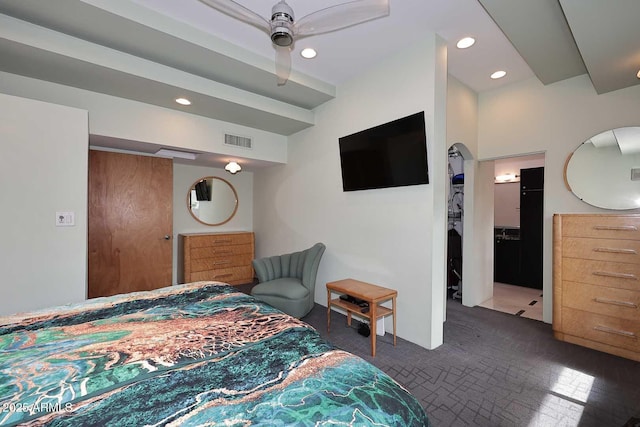 bedroom featuring brick floor, recessed lighting, visible vents, and ceiling fan