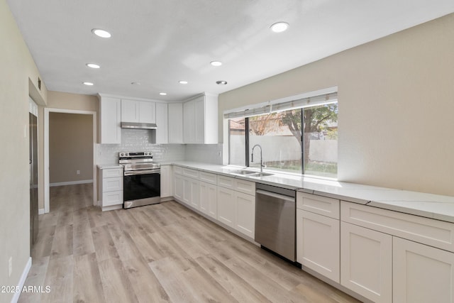 kitchen with a sink, light wood-style floors, under cabinet range hood, appliances with stainless steel finishes, and backsplash