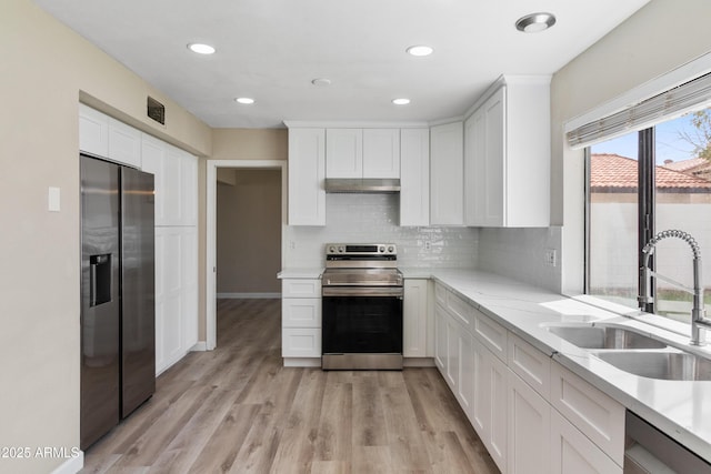 kitchen featuring a sink, stainless steel appliances, under cabinet range hood, and white cabinets