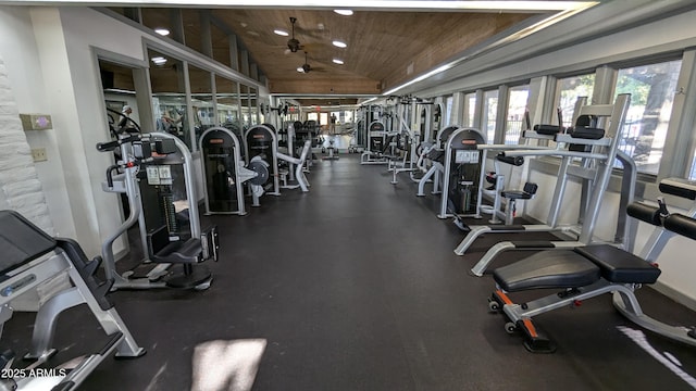 workout area featuring recessed lighting, wooden ceiling, and vaulted ceiling