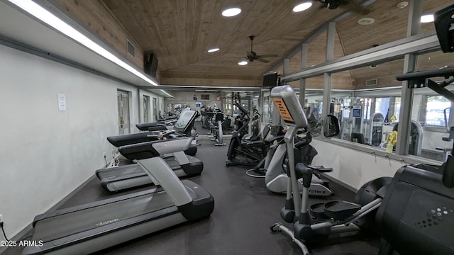 exercise room with baseboards, lofted ceiling, recessed lighting, ceiling fan, and wood ceiling