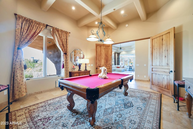 game room featuring beamed ceiling and pool table