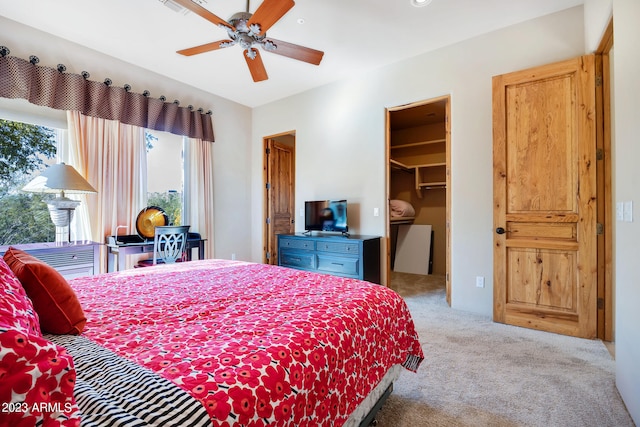 carpeted bedroom featuring a walk in closet, a closet, and ceiling fan