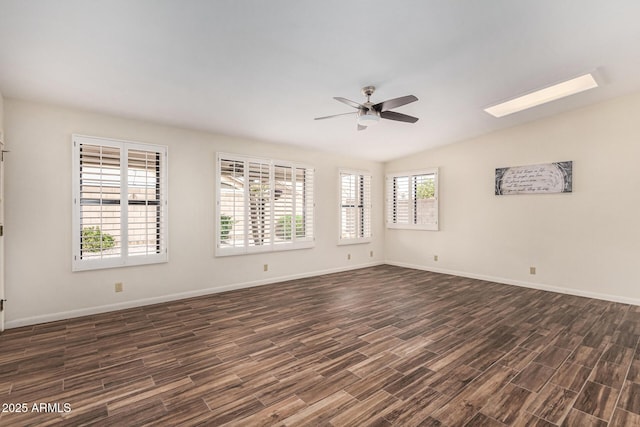 unfurnished room featuring ceiling fan, lofted ceiling, and dark hardwood / wood-style flooring