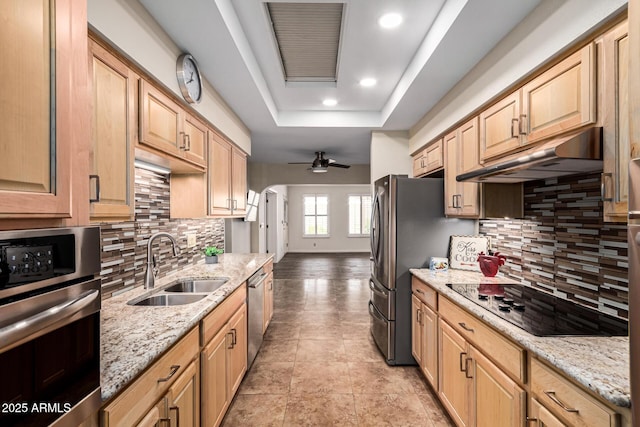 kitchen featuring sink, ceiling fan, appliances with stainless steel finishes, light stone counters, and a tray ceiling