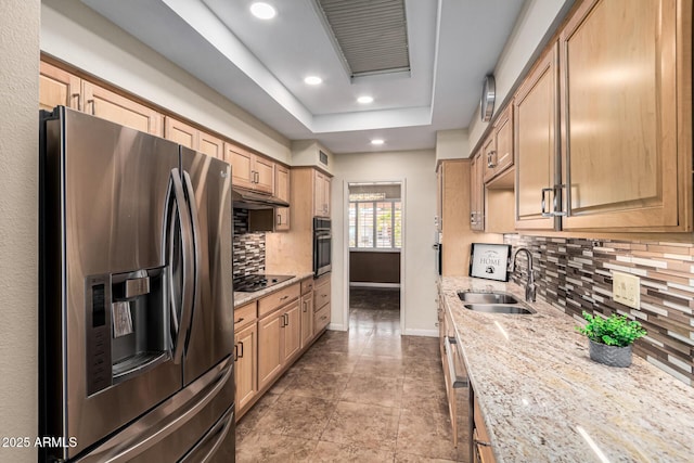 kitchen with light brown cabinetry, sink, light stone counters, appliances with stainless steel finishes, and a tray ceiling