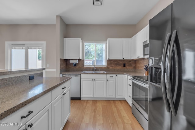kitchen featuring appliances with stainless steel finishes, tasteful backsplash, white cabinetry, a sink, and light wood-style flooring