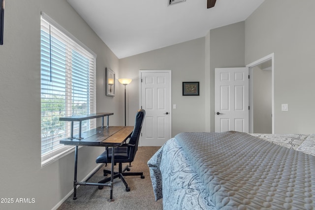 carpeted bedroom with baseboards, multiple windows, vaulted ceiling, and visible vents