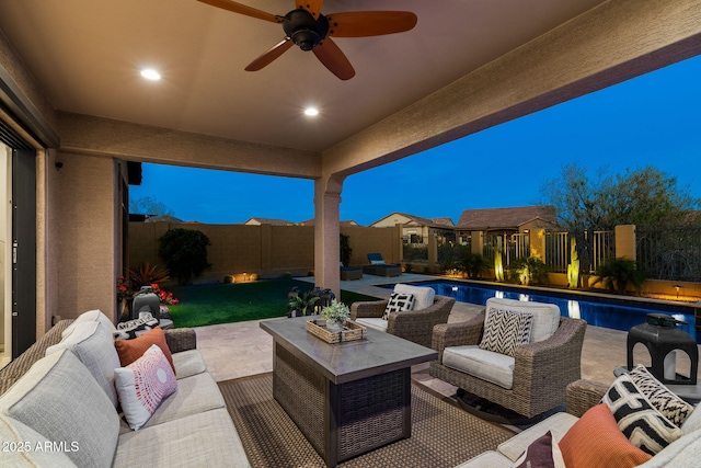 8633 E Kael Cir, Mesa, AZ 85207 - fenced backyard with an outdoor living space, a patio, and ceiling fan