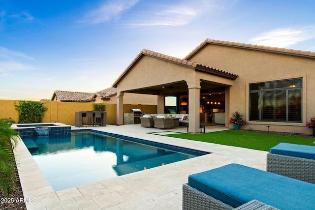 8633 E Kael Cir, Mesa, AZ 85207 - view of pool with an outdoor living space, a patio, a pool with connected hot tub, and ceiling fan