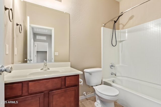 full bathroom featuring vanity, tile patterned flooring, toilet, and washtub / shower combination