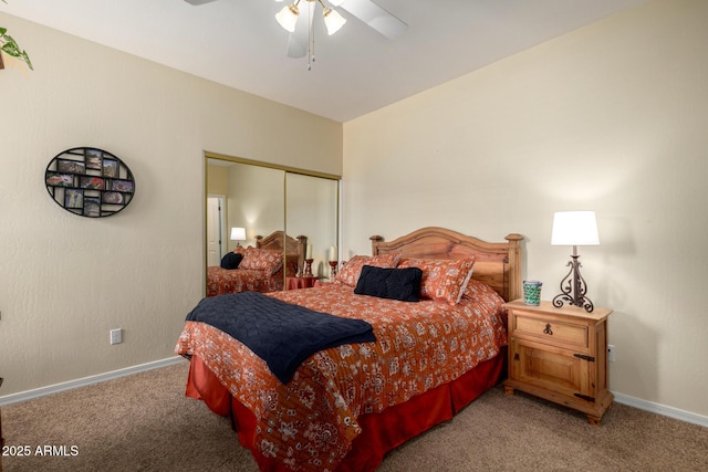 bedroom featuring baseboards, a closet, ceiling fan, and carpet
