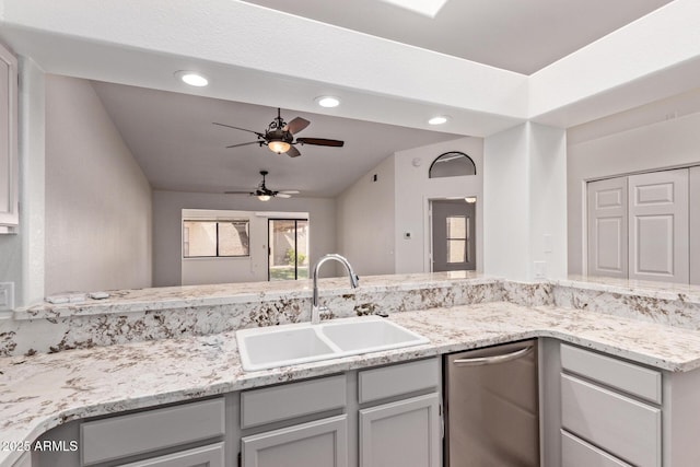1021 S Greenfield Rd Unit 1211, Mesa, AZ 85206 - kitchen featuring stainless steel dishwasher, lofted ceiling, a ceiling fan, light stone countertops, and recessed lighting