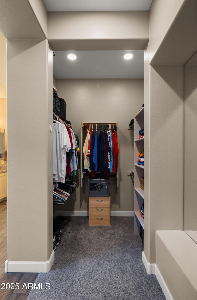 walk in closet with carpet floors