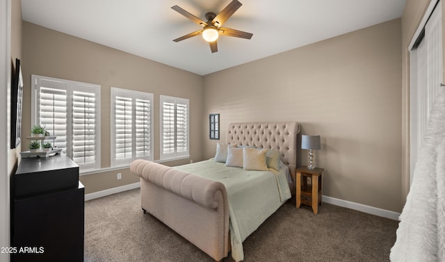 bedroom with carpet, baseboards, and a ceiling fan