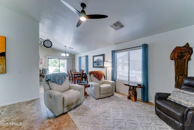 2101 S Meridian Rd Unit 250, Apache Junction, AZ 85120 - living area featuring vaulted ceiling, ceiling fan, and baseboards