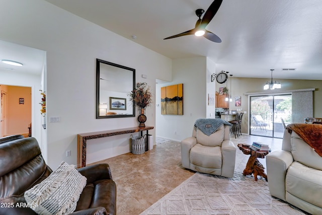 2101 S Meridian Rd Unit 250, Apache Junction, AZ 85120 - living room with ceiling fan, vaulted ceiling, a chandelier, and light tile patterned floors