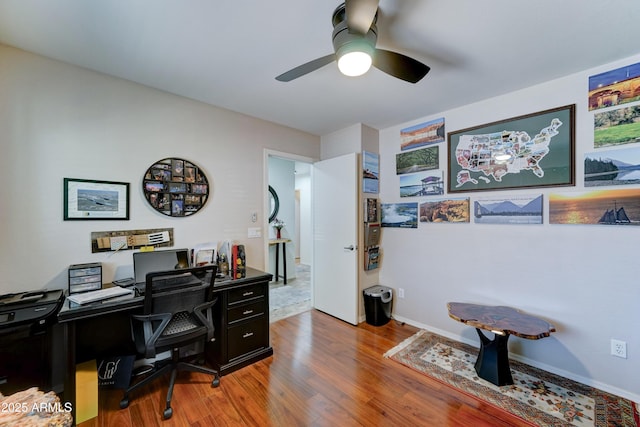 2101 S Meridian Rd Unit 250, Apache Junction, AZ 85120 - home office with a ceiling fan, wood finished floors, and baseboards