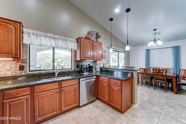 2101 S Meridian Rd Unit 250, Apache Junction, AZ 85120 - kitchen with a sink, stainless steel dishwasher, brown cabinets, and high vaulted ceiling