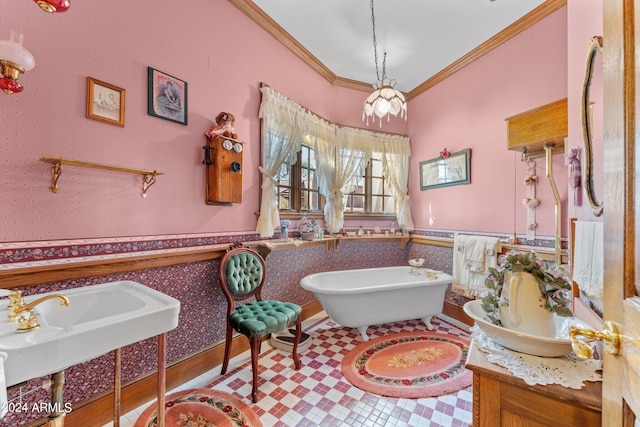 bathroom featuring a bathtub, ornamental molding, and sink