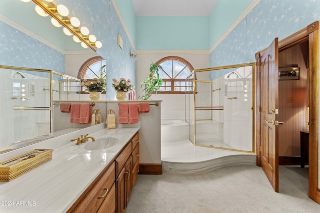 bathroom featuring an enclosed shower, oversized vanity, and a wealth of natural light