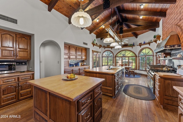 kitchen with a kitchen island with sink, ceiling fan, stainless steel appliances, tasteful backsplash, and decorative light fixtures