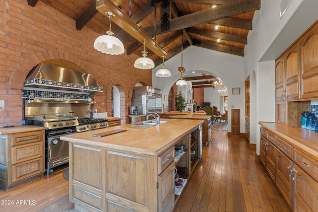 kitchen with wood counters, an island with sink, sink, and light wood-type flooring