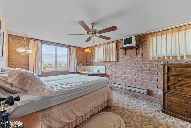 bedroom with brick wall, light carpet, and ceiling fan