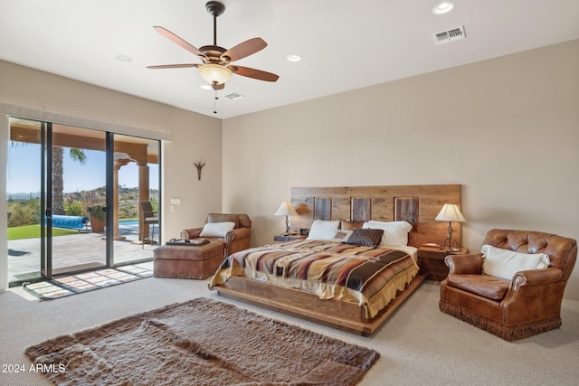 bedroom with carpet flooring, access to exterior, and ceiling fan