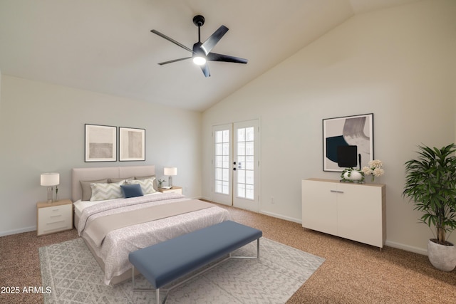 bedroom with light carpet, access to exterior, baseboards, and high vaulted ceiling