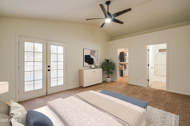 bedroom with french doors, lofted ceiling, a spacious closet, light carpet, and access to outside