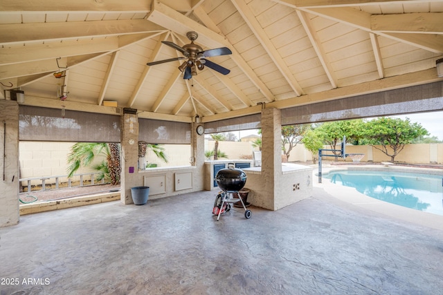 view of patio / terrace with a gazebo, a fenced backyard, a ceiling fan, and area for grilling