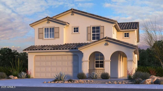 5848 S Hassett Ave, Mesa, AZ 85212 - mediterranean / spanish-style house featuring an attached garage, a porch, a tile roof, and stucco siding