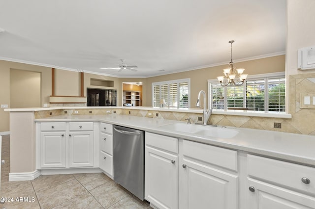 kitchen featuring tasteful backsplash, sink, stainless steel dishwasher, and white cabinets