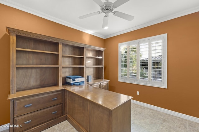 tiled office space with ceiling fan and crown molding