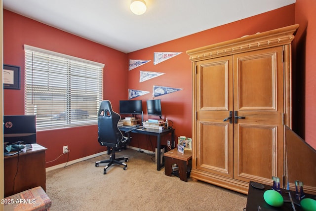 office area featuring light carpet