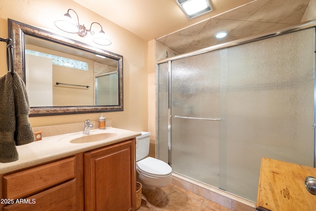 bathroom featuring visible vents, toilet, a shower stall, vanity, and tile patterned flooring