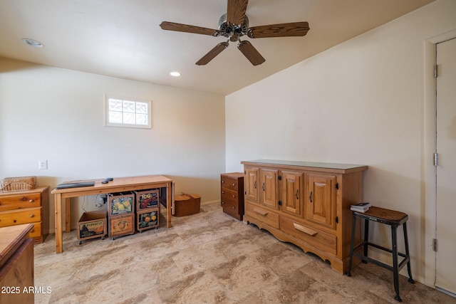 office space with recessed lighting and ceiling fan