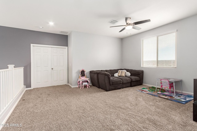 recreation room with visible vents, baseboards, and carpet