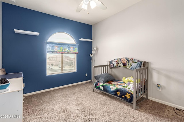 bedroom with baseboards, carpet floors, and ceiling fan