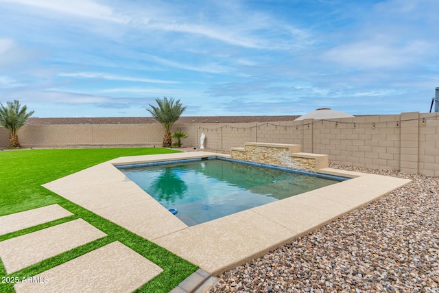 view of swimming pool featuring a lawn, a fenced backyard, and a fenced in pool