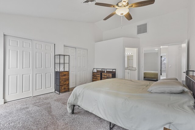 4632 E Kachina Trl, Phoenix, AZ 85044 - bedroom featuring multiple closets, carpet floors, high vaulted ceiling, ceiling fan, and connected bathroom