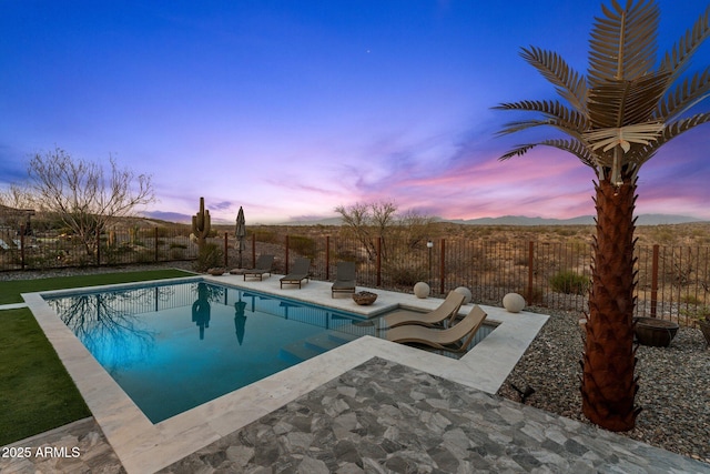 view of swimming pool with a fenced in pool, a fenced backyard, and a patio