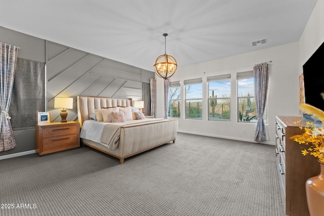 bedroom featuring a chandelier, carpet, visible vents, and baseboards