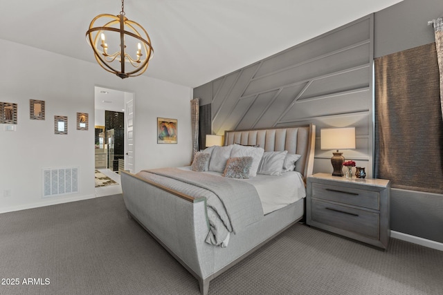 bedroom featuring baseboards, carpet floors, visible vents, and a notable chandelier