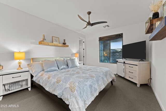 bedroom with a ceiling fan, dark colored carpet, visible vents, and baseboards