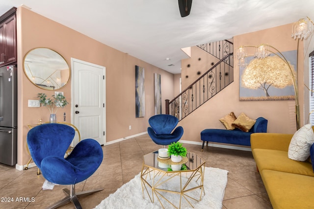 living room featuring light tile patterned flooring