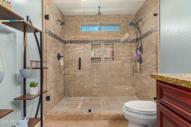 bathroom featuring vanity, toilet, and a shower with shower door